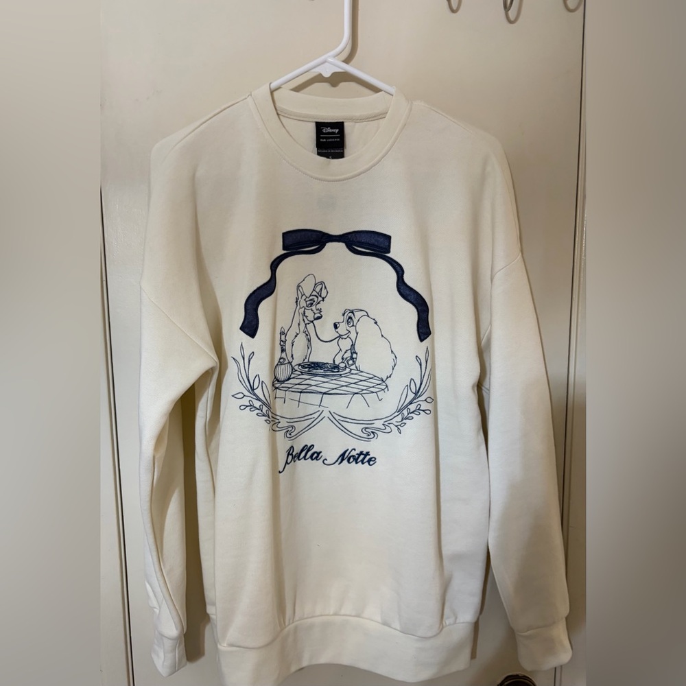 Our Universe Disney Lady and the Tramp Cream Crewneck Sweater with Navy Design